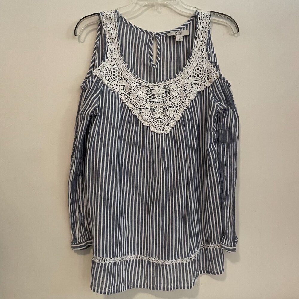 Vintage America Blues Cold Shoulder Crochet Lace Blouse Top Blue Stripes Size M - Picture 2 of 5